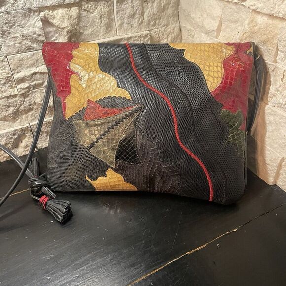 Carlo Fiori Mixed Exotic Leather Fold Over Clutch Shoulder Handbag Purse - Picture 3 of 12